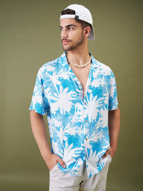 Unisex Blue & White Tropical Floral Relax Fit Shirt