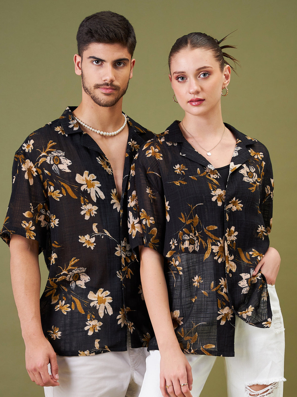 Unisex Black Floral Relax Fit Shirt-MASCLN SASSAFRAS