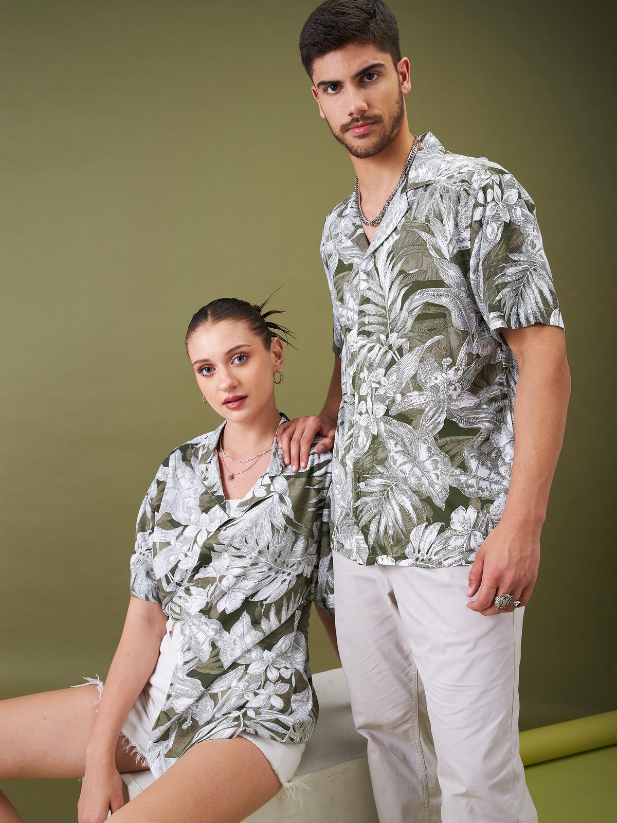 Unisex Olive & Whie Tropical Floral Relax Fit Shirt-MASCLN SASSAFRAS