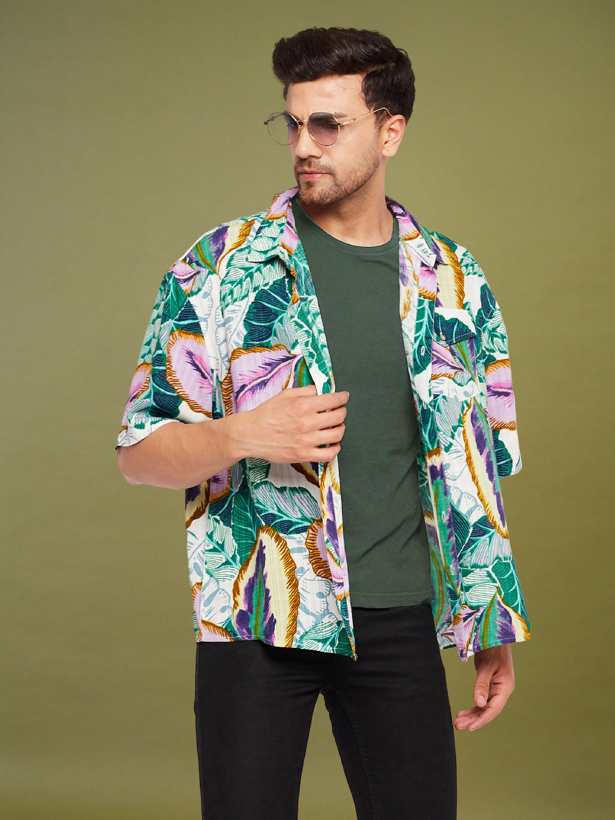Green & Purple Tropical Print Oversized Shirt-MASCLN SASSAFRAS