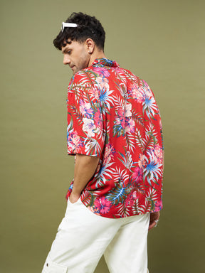 Men Red Tropical Floral Oversized Shirt