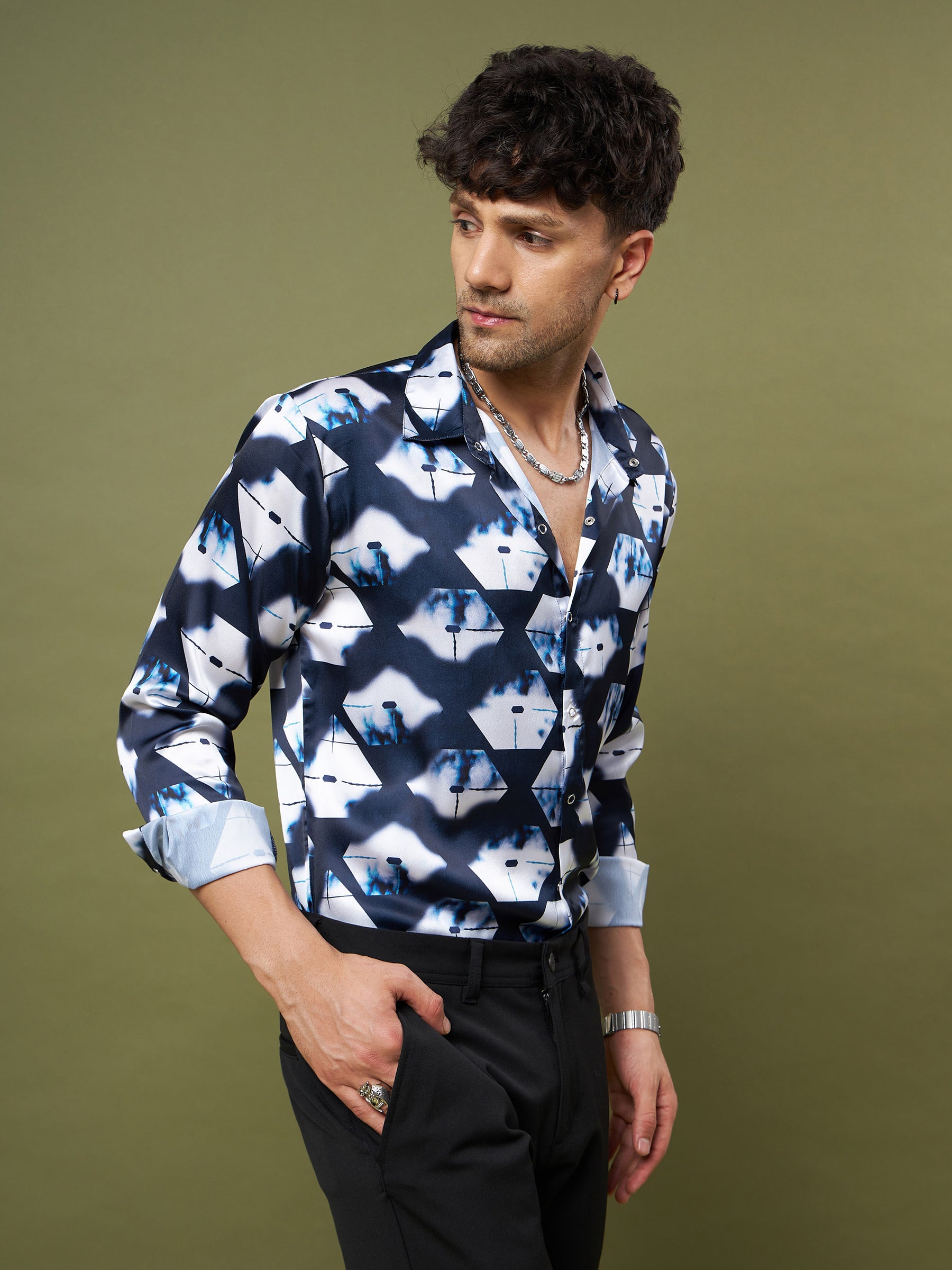 Unisex Navy & White Abstract Satin Relax Fit Shirt