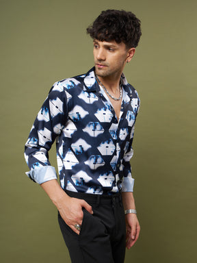 Unisex Navy & White Abstract Satin Relax Fit Shirt