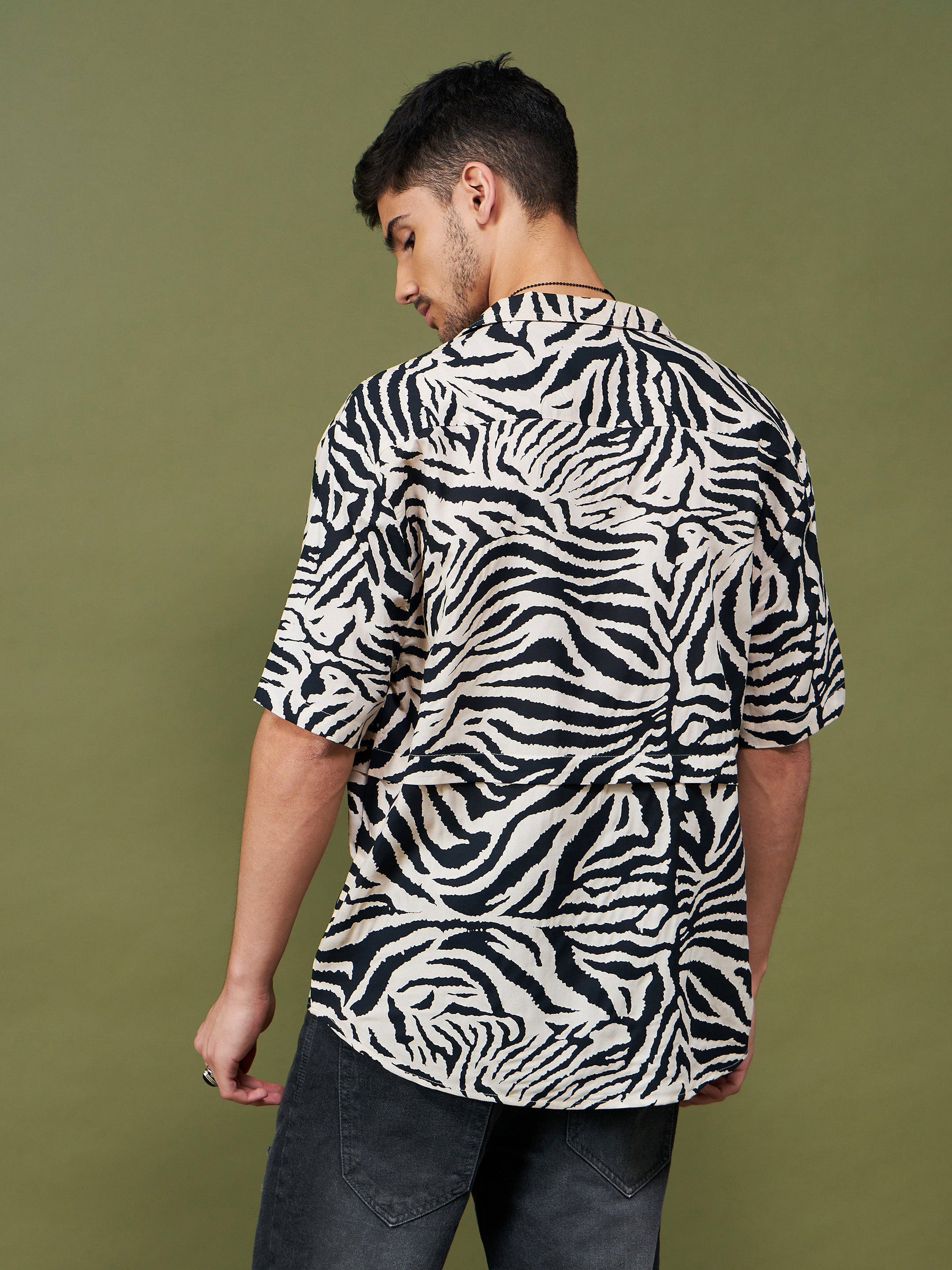 Unisex Beige & Black Animal Print Relax Fit Shirt-MASCLN SASSAFRAS
