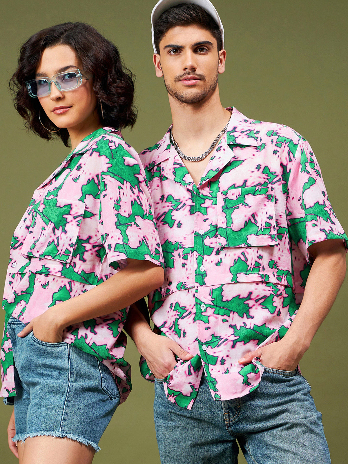 Unisex Pink & Green Tropical Relax Fit Shirt-MASCLN SASSAFRAS