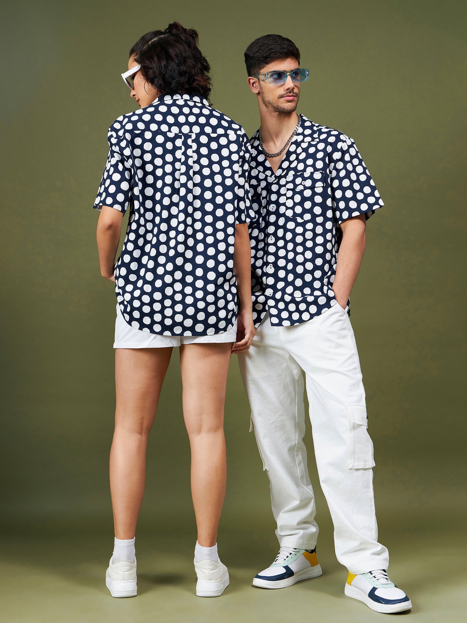 Unisex Navy & White Polka Dot Relax Fit Shirt-MASCLN SASSAFRAS