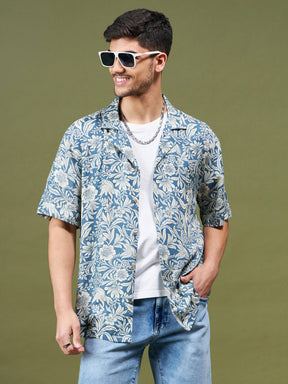 Unisex Blue & Beige Tropical Relax Fit Shirt-MASCLN SASSAFRAS