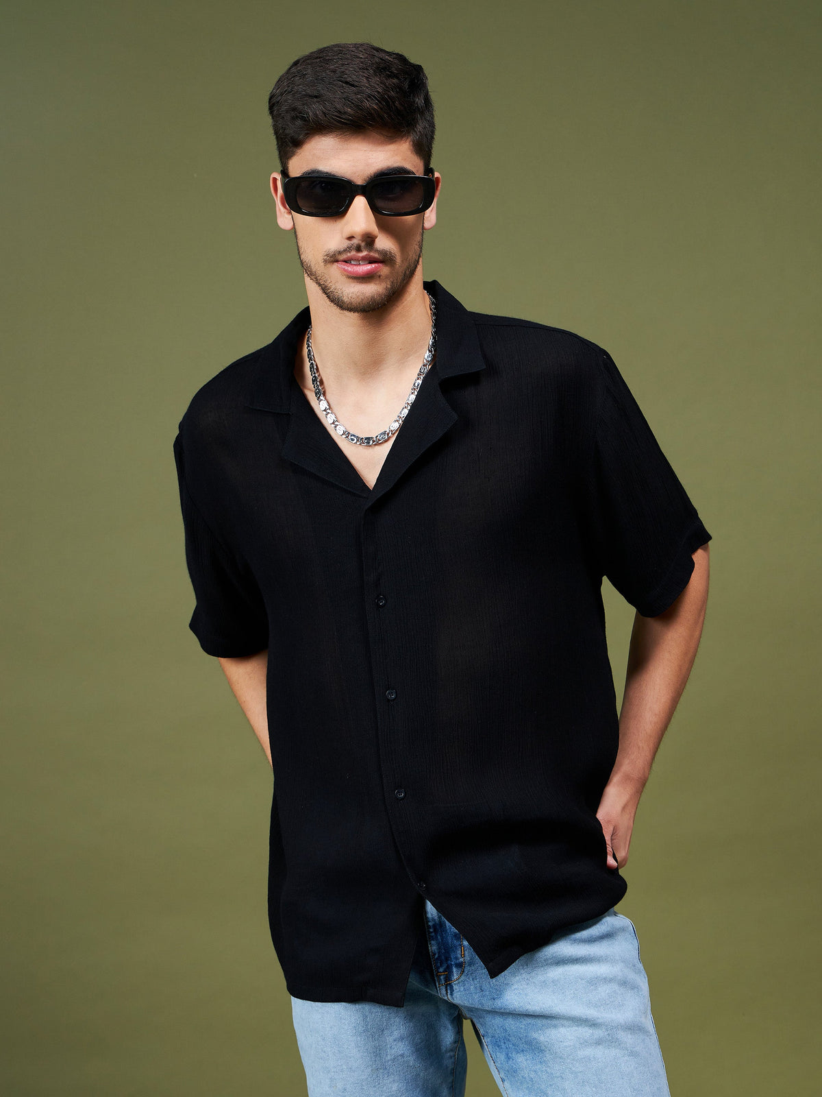 Unisex Black Solid Relax Fit Shirt-MASCLN SASSAFRAS