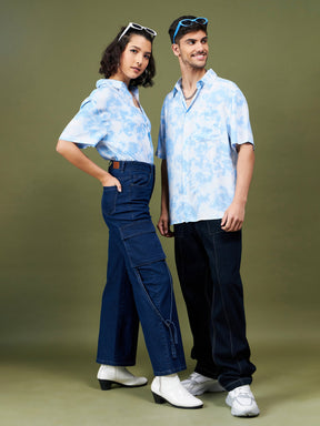 Unisex Blue & White Tie-Dye Print Relax Shirt-MASCLN SASSAFRAS