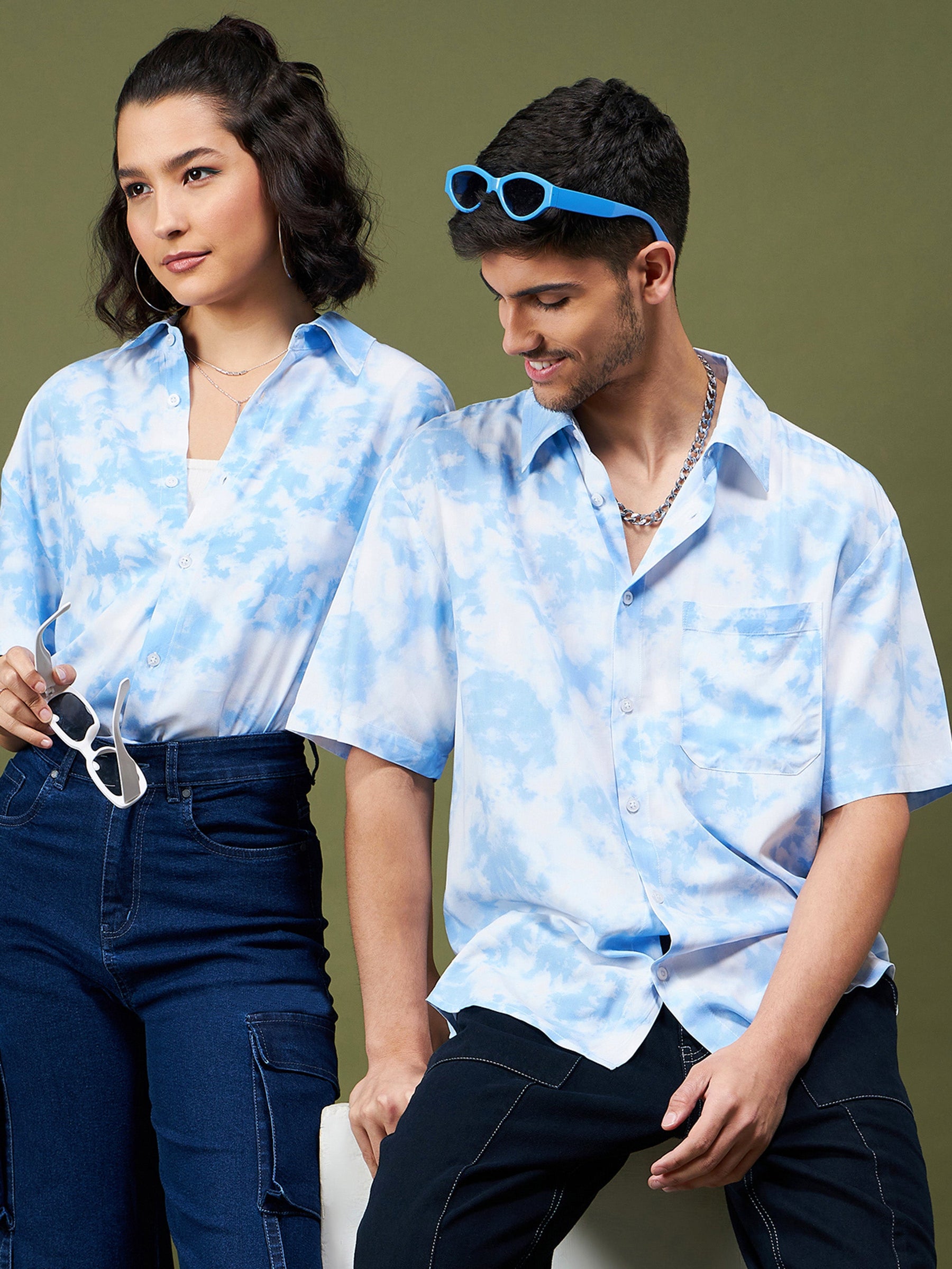 Unisex Blue & White Tie-Dye Print Relax Shirt-MASCLN SASSAFRAS