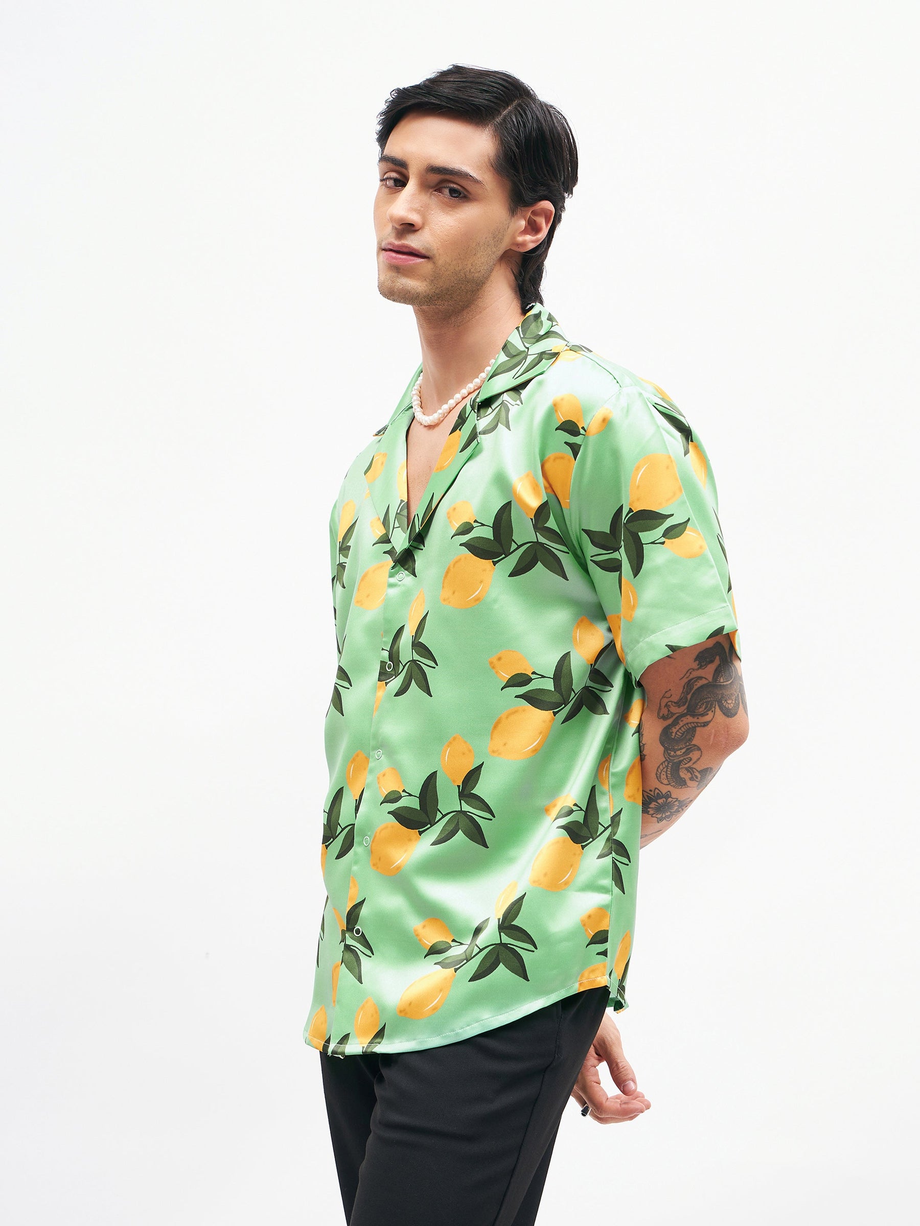 Green Tropical Short Sleeves Satin Shirt-MASCLN SASSAFRAS