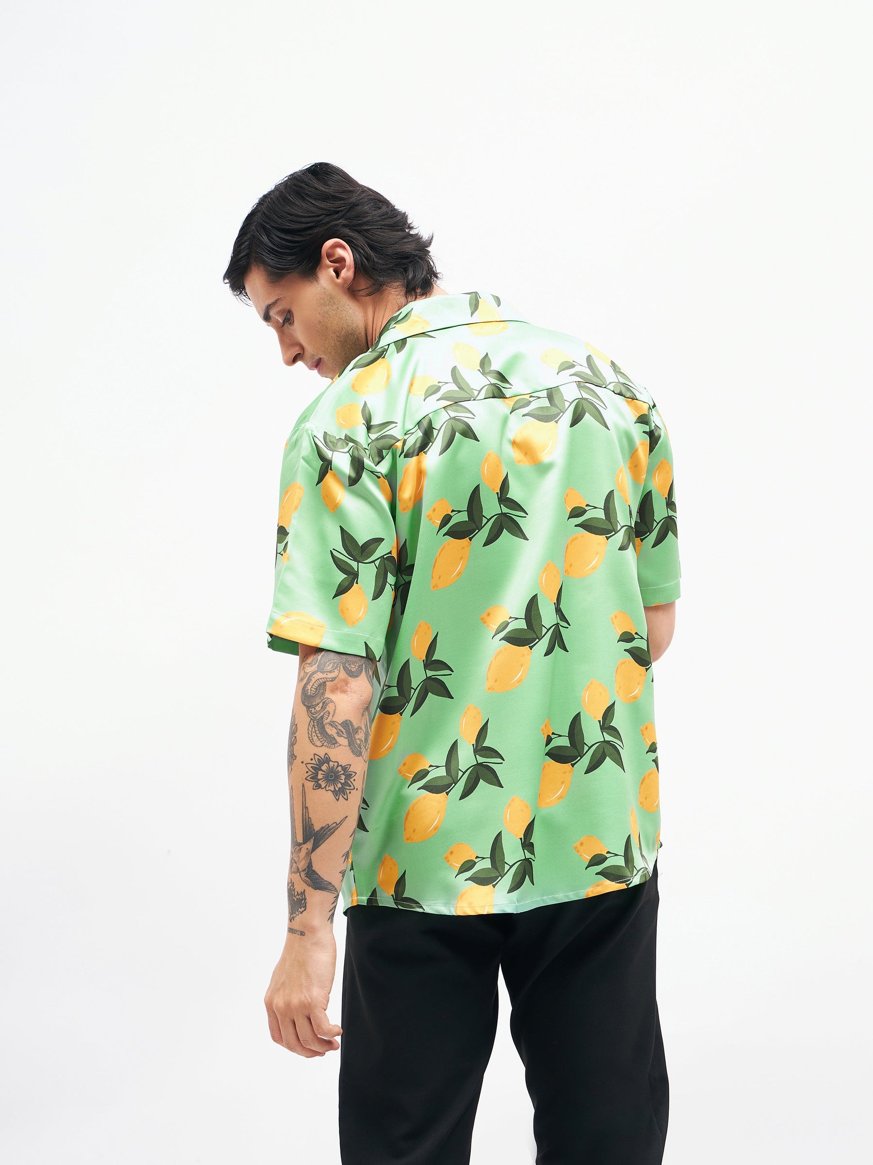 Green Tropical Short Sleeves Satin Shirt-MASCLN SASSAFRAS