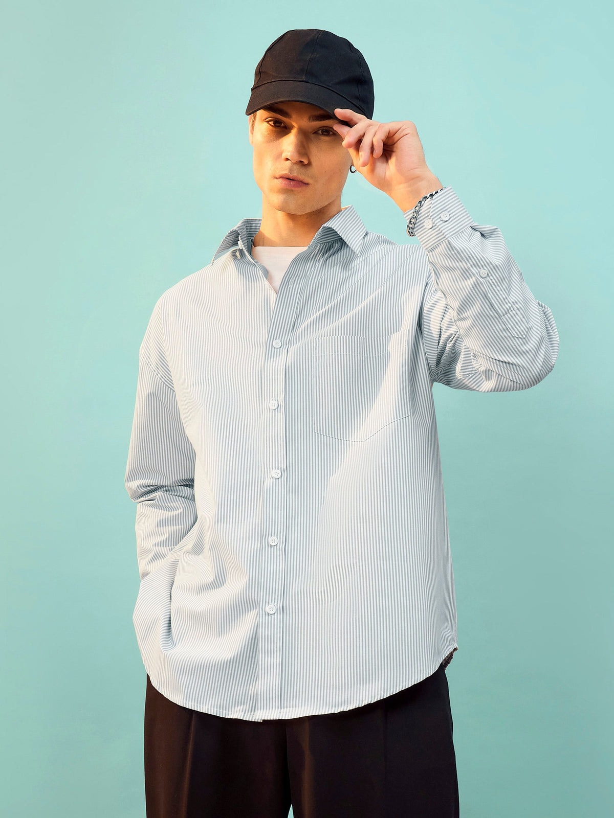 Grey & White Stripe Oversize Shirt-MASCLN SASSAFRAS