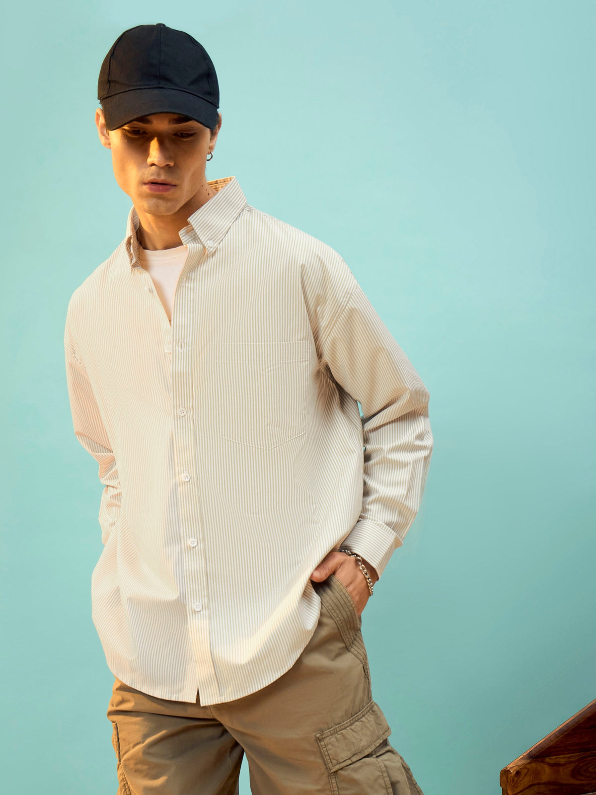 Beige & White Stripe Oversize Shirt-MASCLN SASSAFRAS
