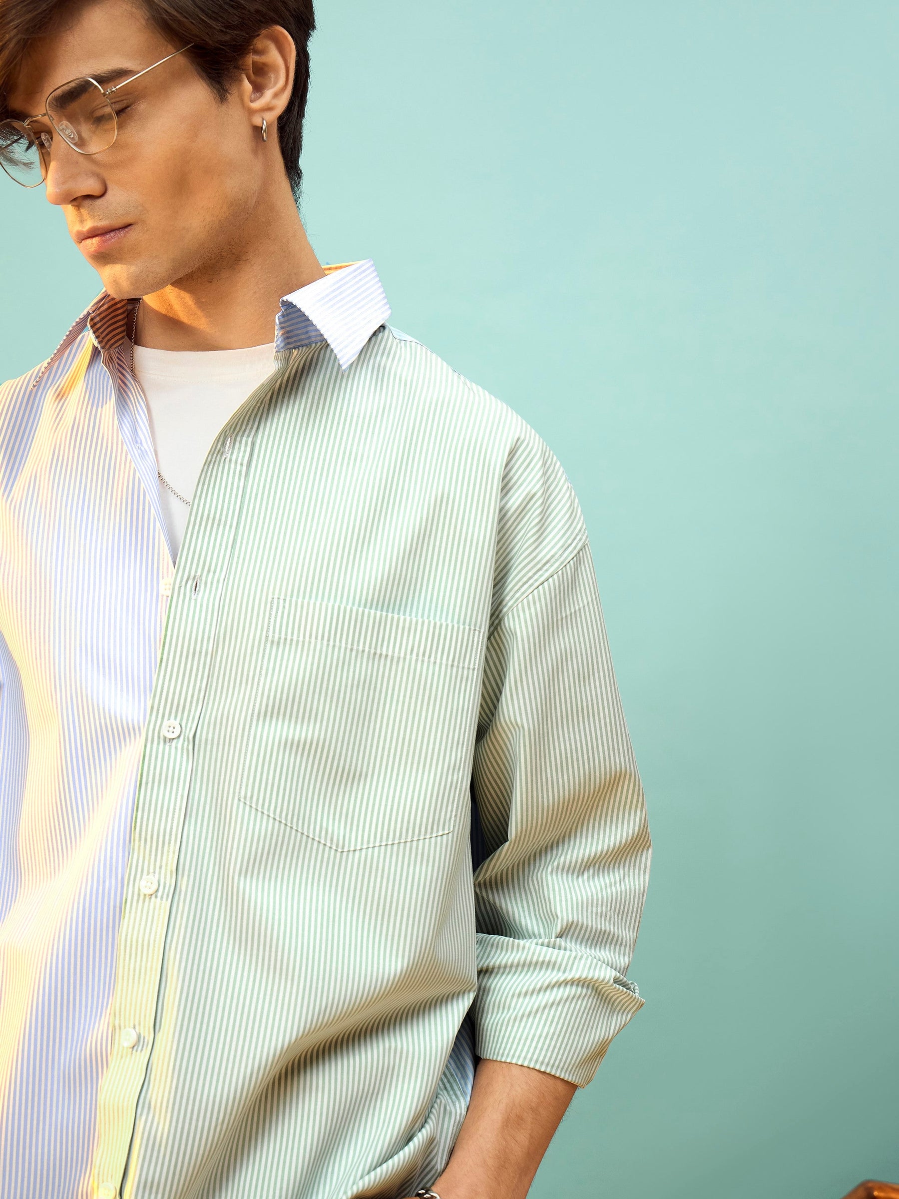 Blue & White Stripe Colour Block Oversize Shirt-MASCLN SASSAFRAS