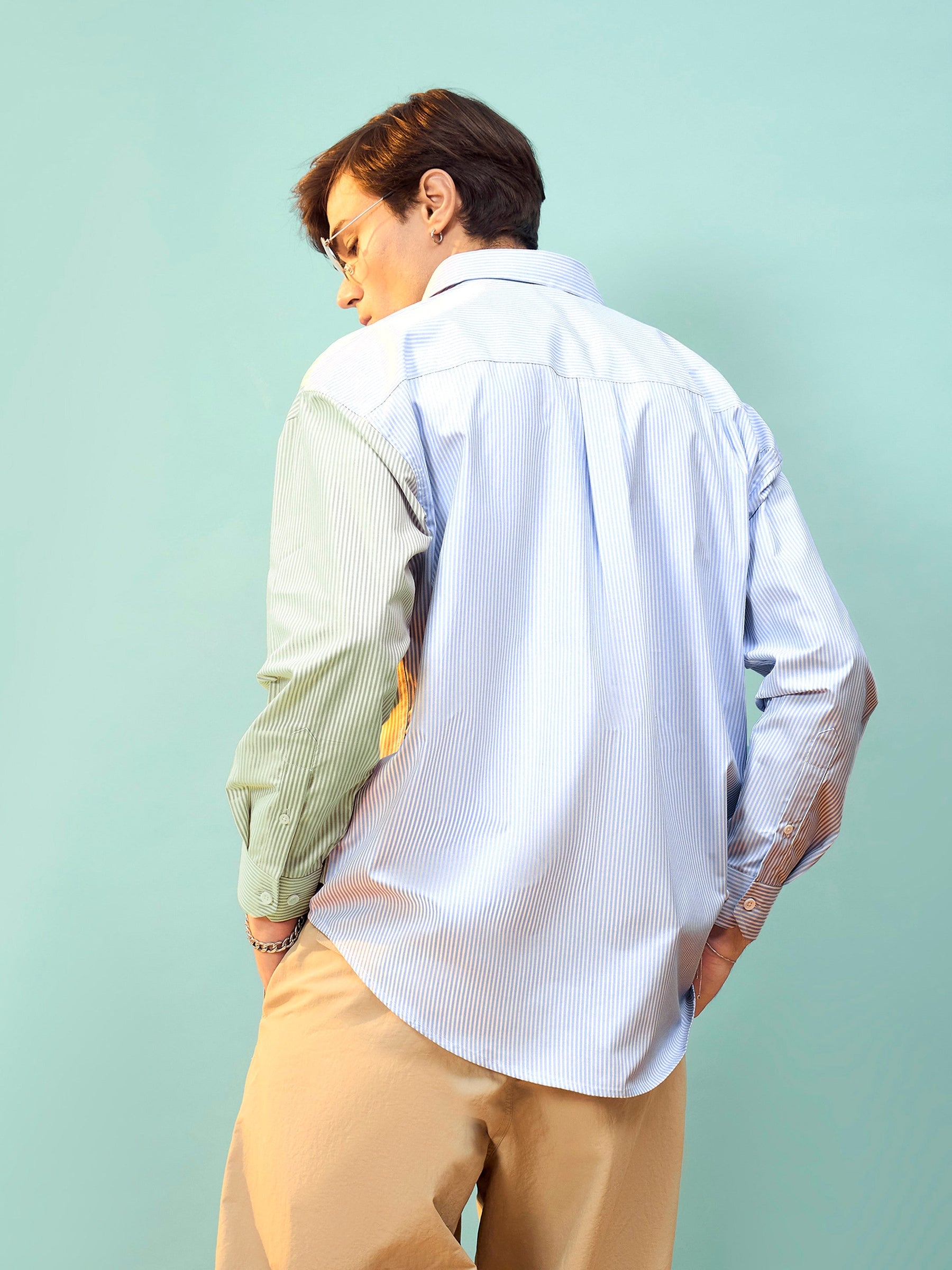 Blue & White Stripe Colour Block Oversize Shirt-MASCLN SASSAFRAS