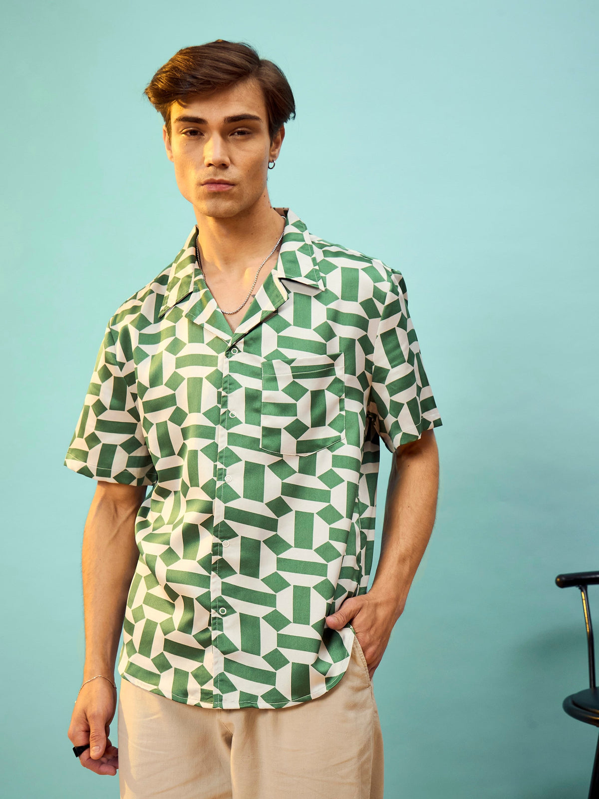 Green Satin Printed Relax Fit Shirt-MASCLN SASSAFRAS