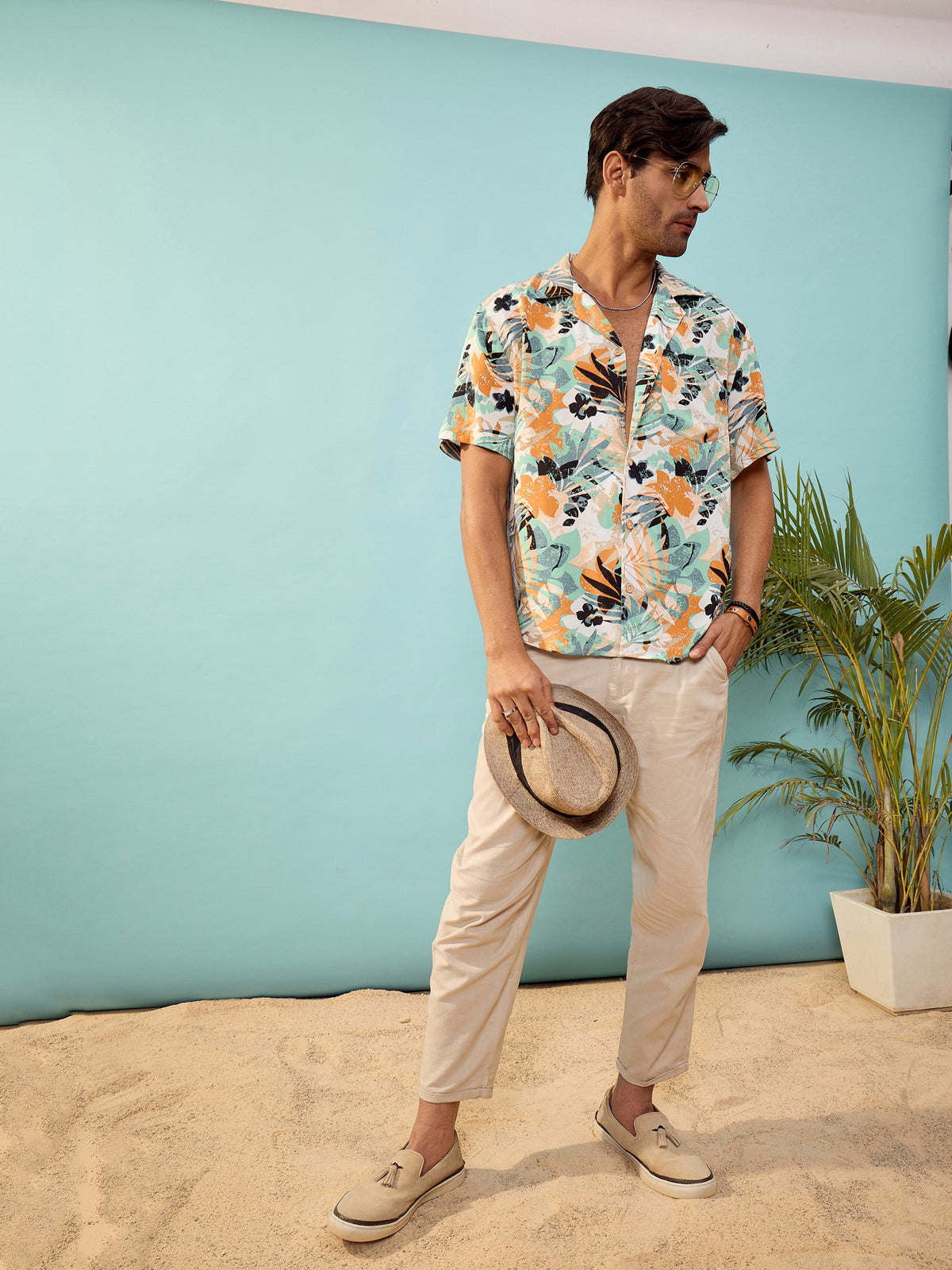 Unisex White Tropical Print Relax Fit Shirt-MASCLN SASSAFRAS