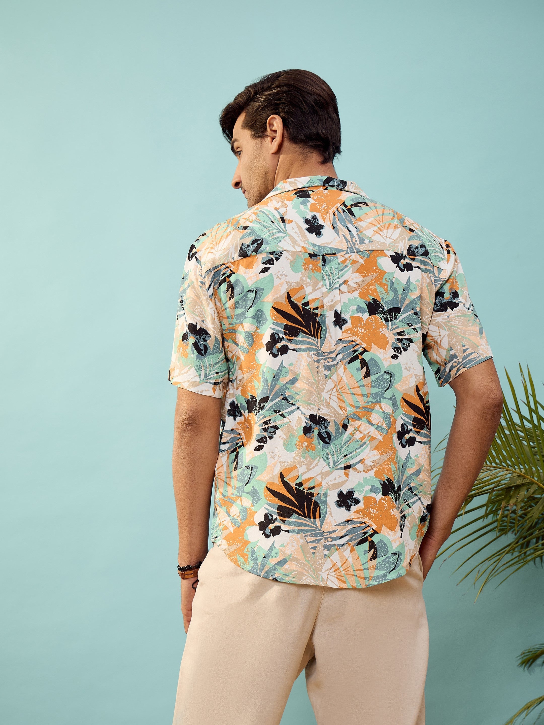 Unisex White Tropical Print Relax Fit Shirt-MASCLN SASSAFRAS
