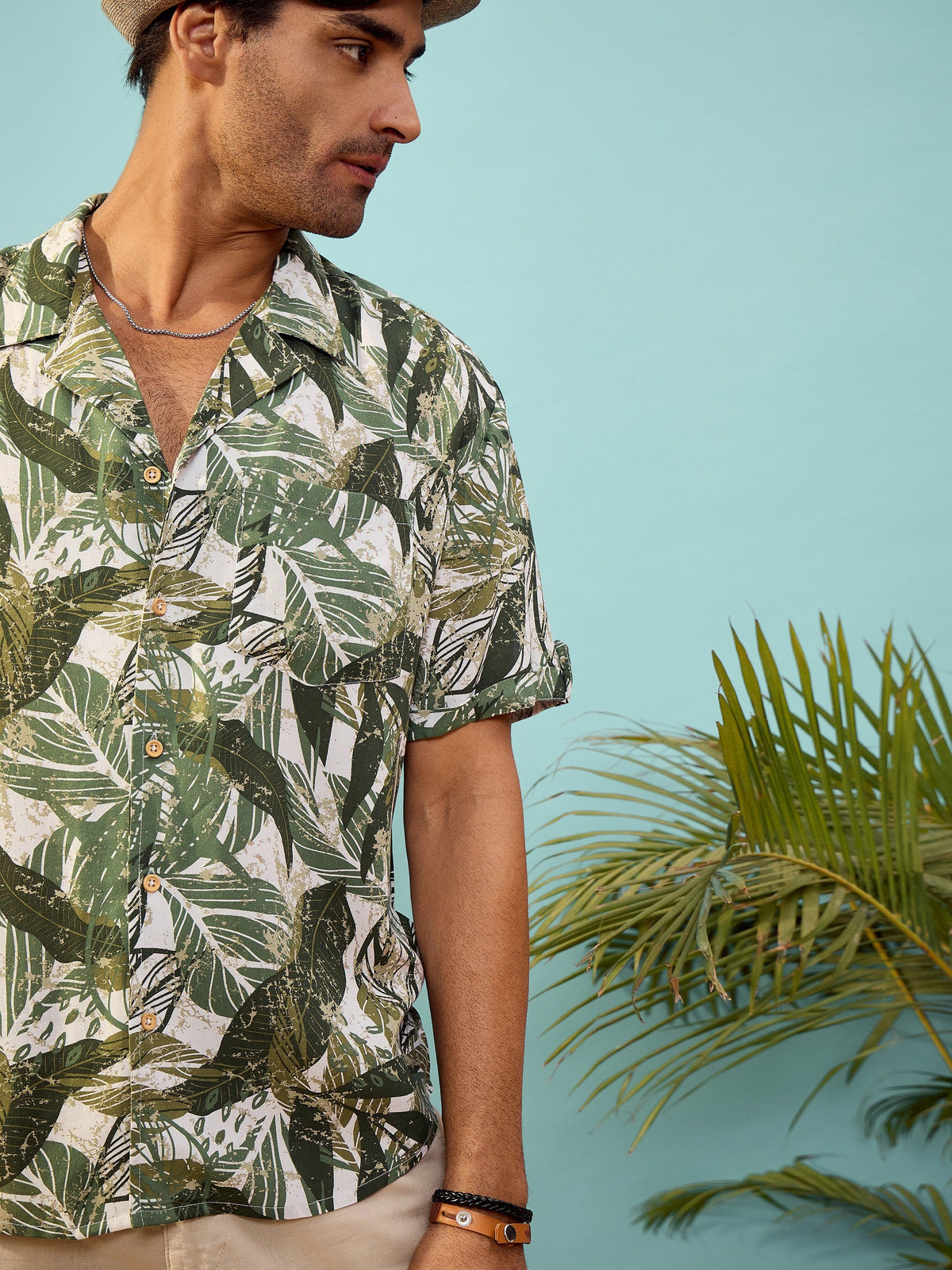 Unisex Olive Tropical Print Relax Fit Shirt-MASCLN SASSAFRAS