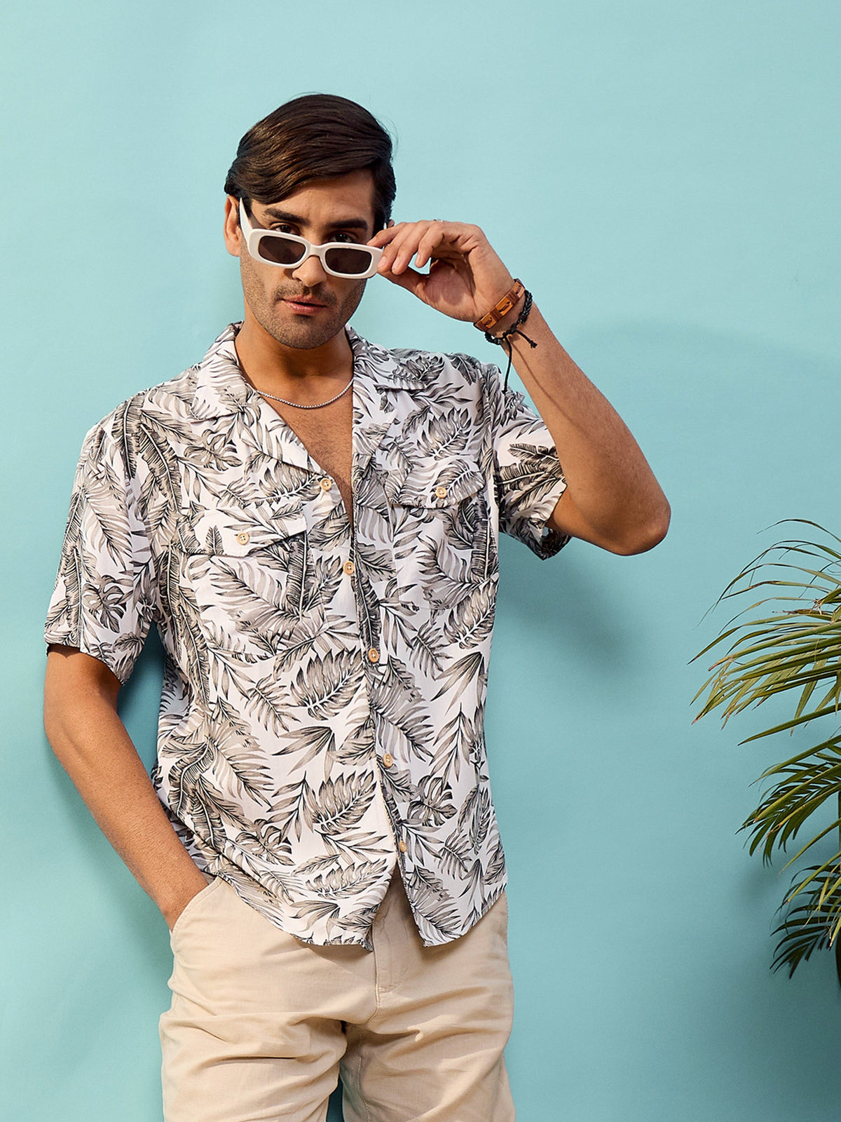 Unisex Grey Tropical Print Relax Fit Shirt-MASCLN SASSAFRAS