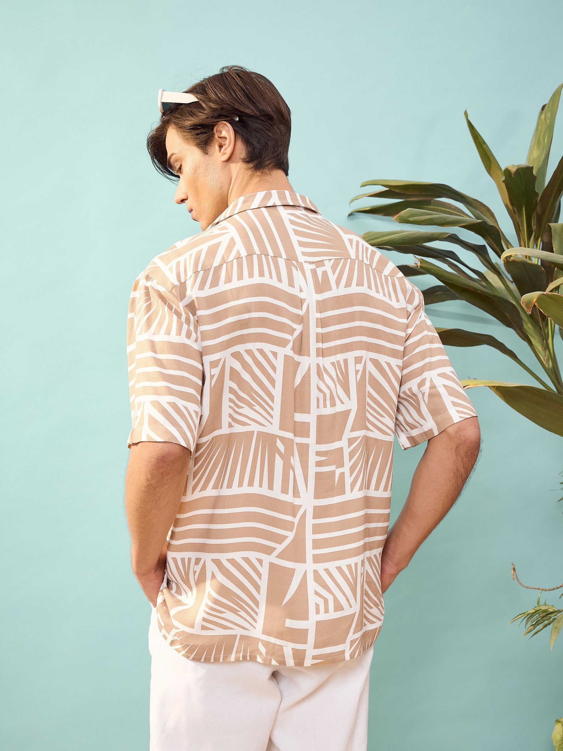 Unisex Taupe Geomatric Print Relax Fit Shirt-MASCLN SASSAFRAS