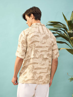 Unisex Beige Tropical Print Relax Fit Shirt-MASCLN SASSAFRAS