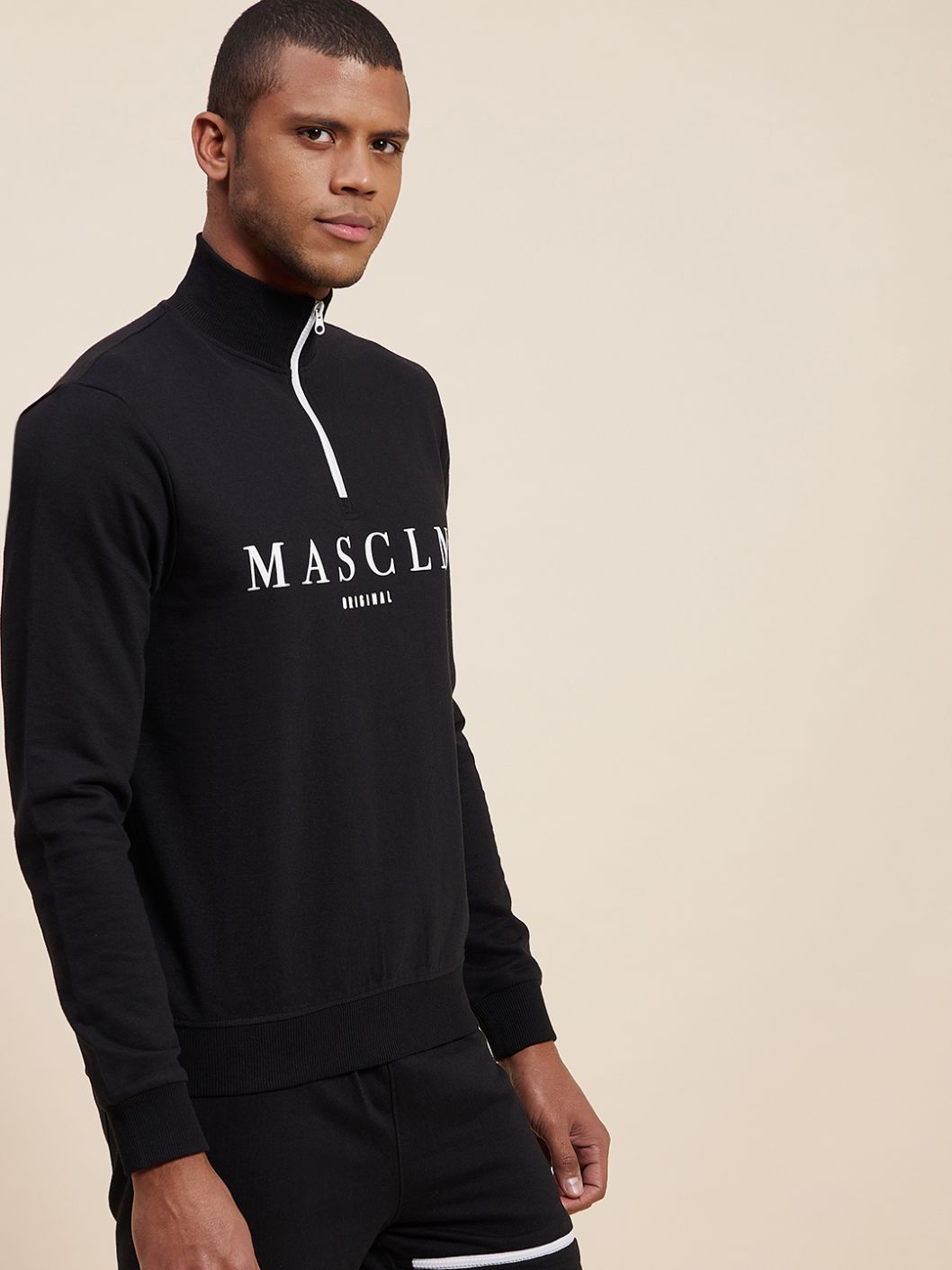 Men's Black High Neck Half Zipper MASCLN Sweatshirt
