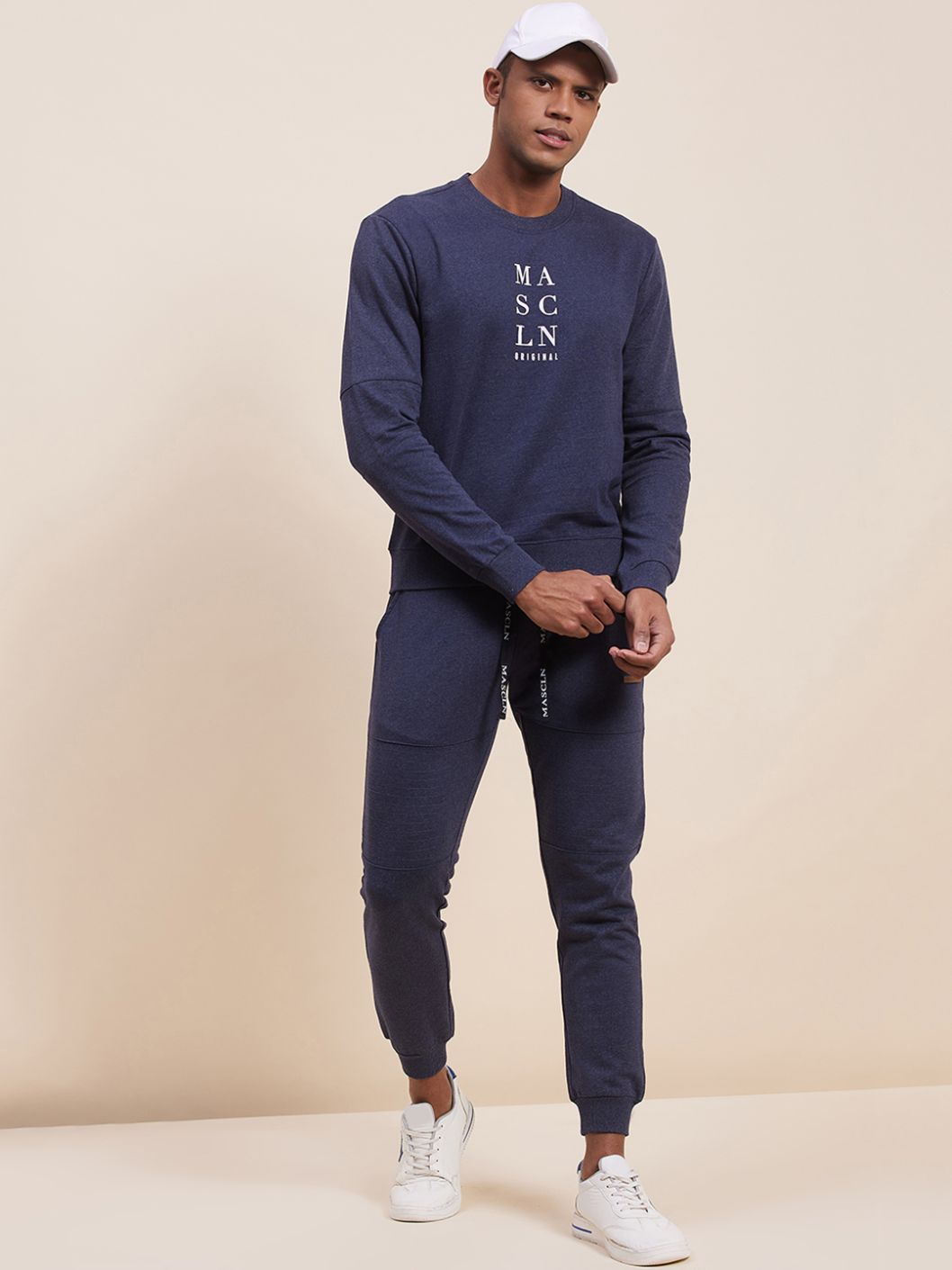 Men's Blue Melange Vertical MASCLN Print Sweatshirt