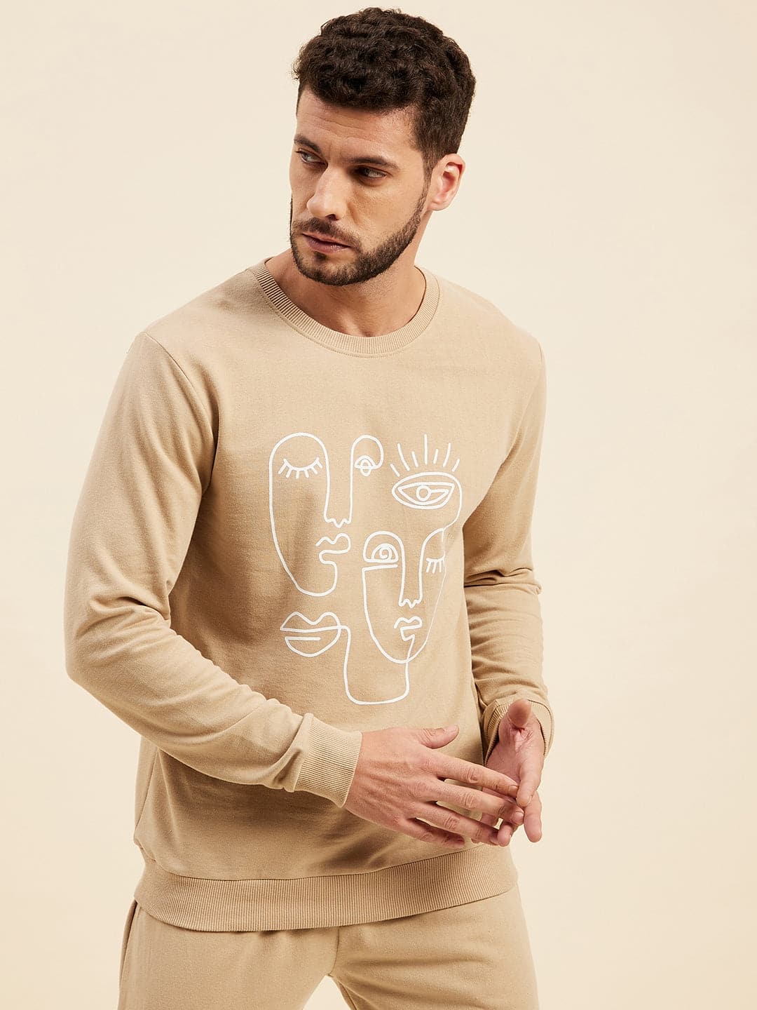 Beige Line Printed Sweatshirt-MASCLN