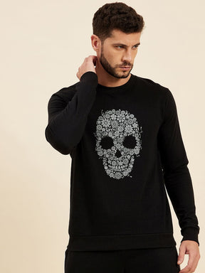 Black Floral Skull Print Sweatshirt-MASCLN