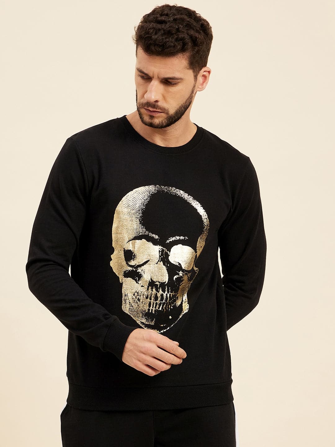 Black Skull Foil Print Sweatshirt-MASCLN