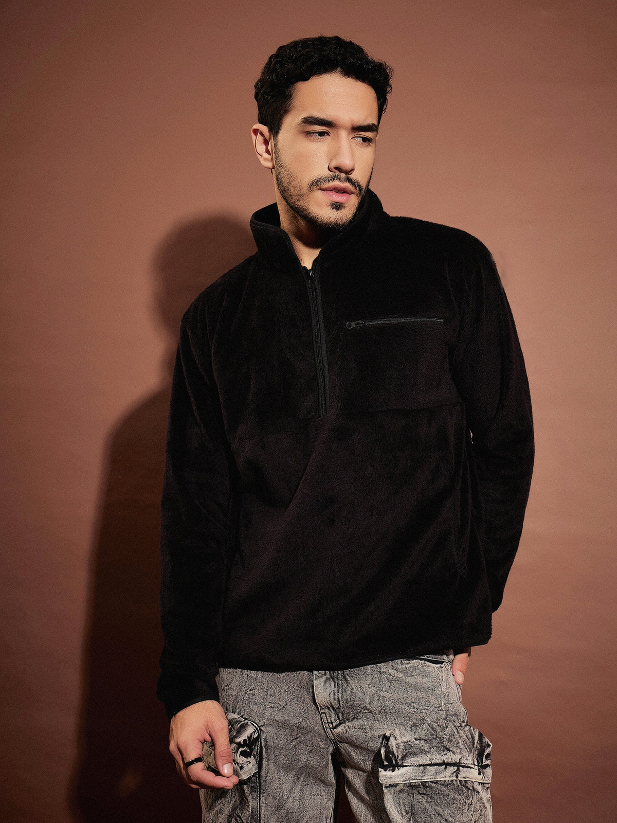 Black Fur Zipper Sweatshirt-MASCLN SASSAFRAS