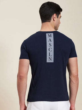 Men Navy Slim Fit Back Printed MASCLN Logo T-Shirt-Men's T-Shirt-SASSAFRAS