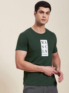 Men Olive Vertical MASCLN Slim Fit T-Shirt-Men's T-Shirt-SASSAFRAS
