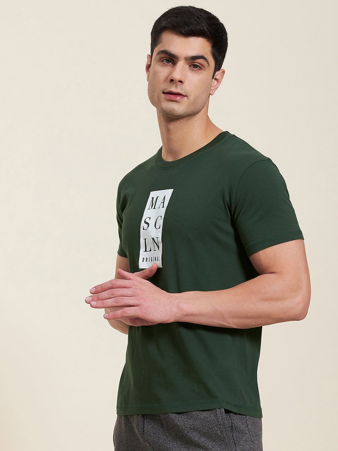 Men Olive Vertical MASCLN Slim Fit T-Shirt