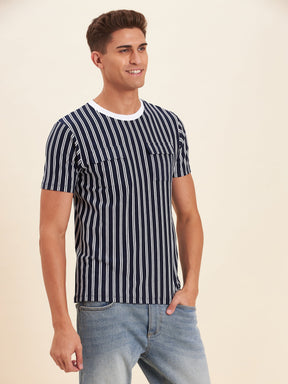 Men Navy & White Stripes Double Pocket Cotton T-Shirt