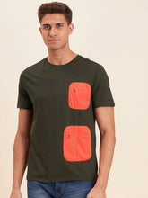 Men Olive Viscose Zipper Pocket T-Shirt-Men's T-Shirt-SASSAFRAS