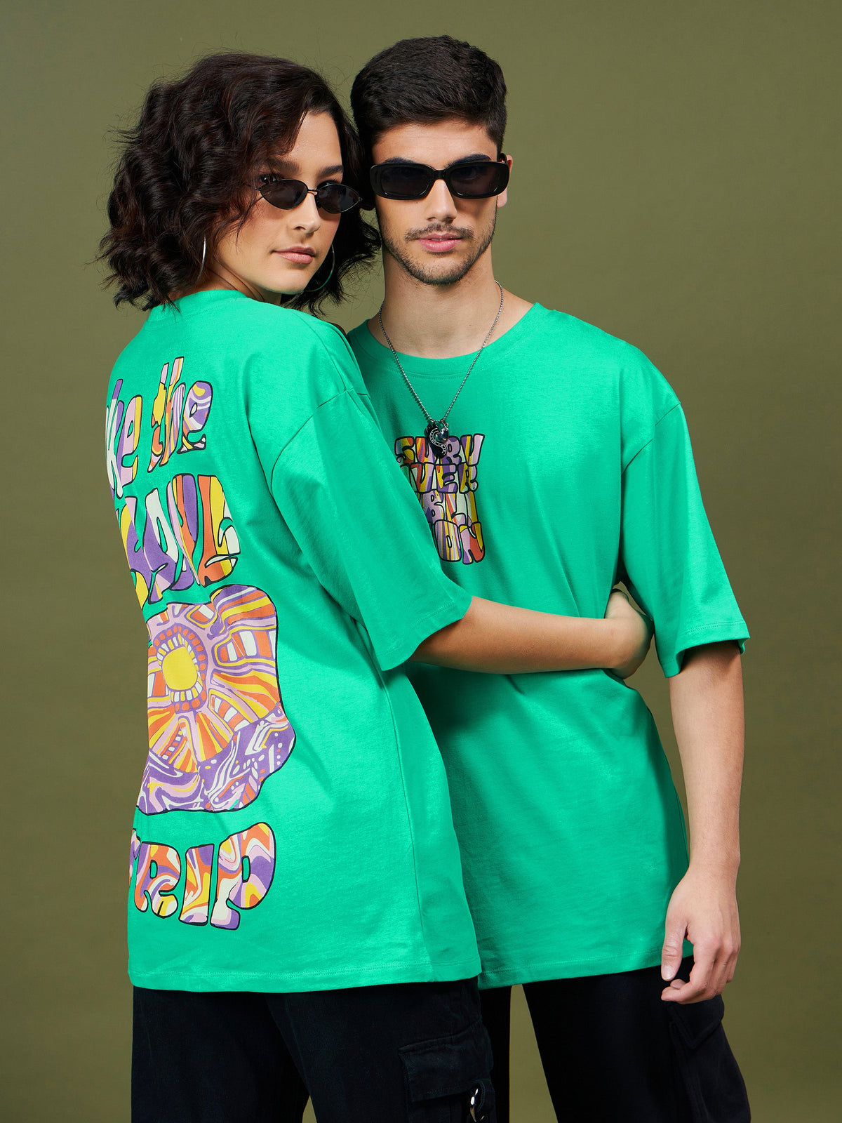 Unisex Green Printed Oversized T-Shirt-MASCLN SASSAFRAS