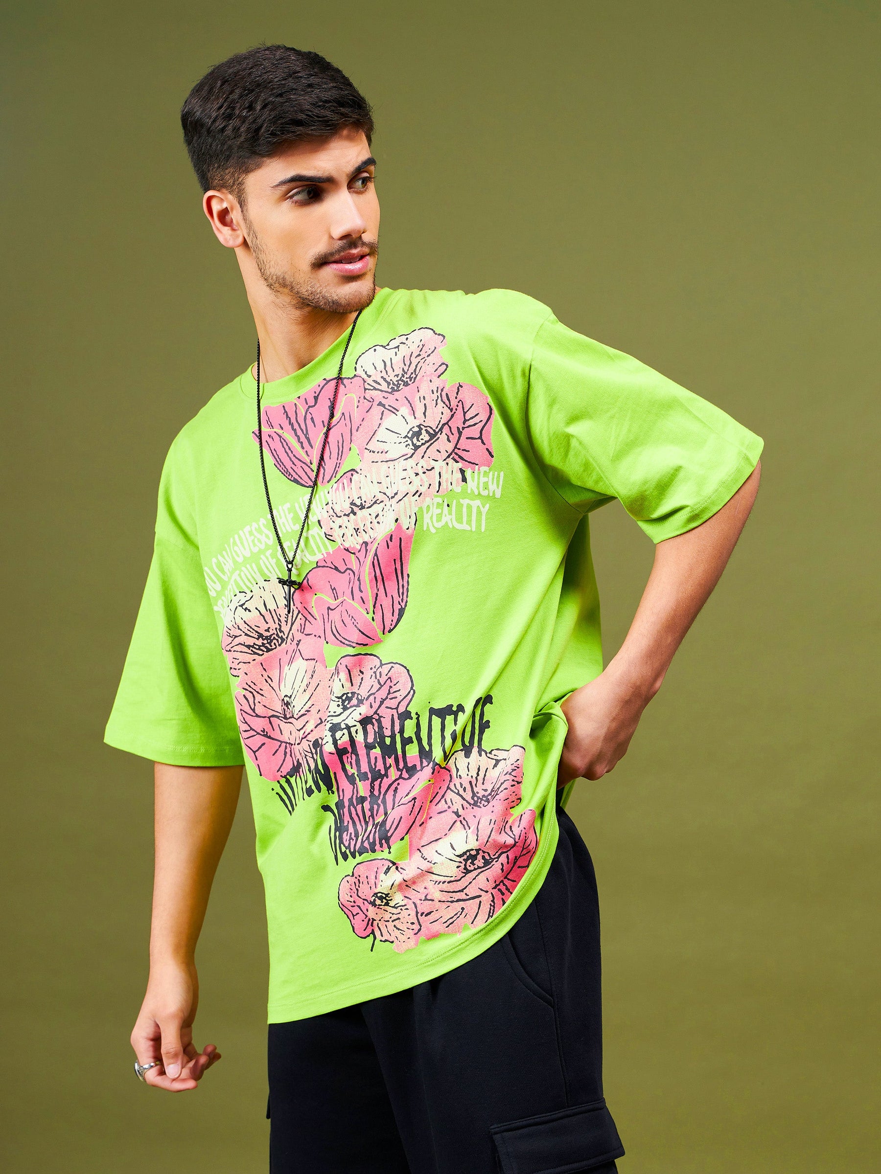 Unisex Green Floral Oversized T-Shirt-MASCLN SASSAFRAS