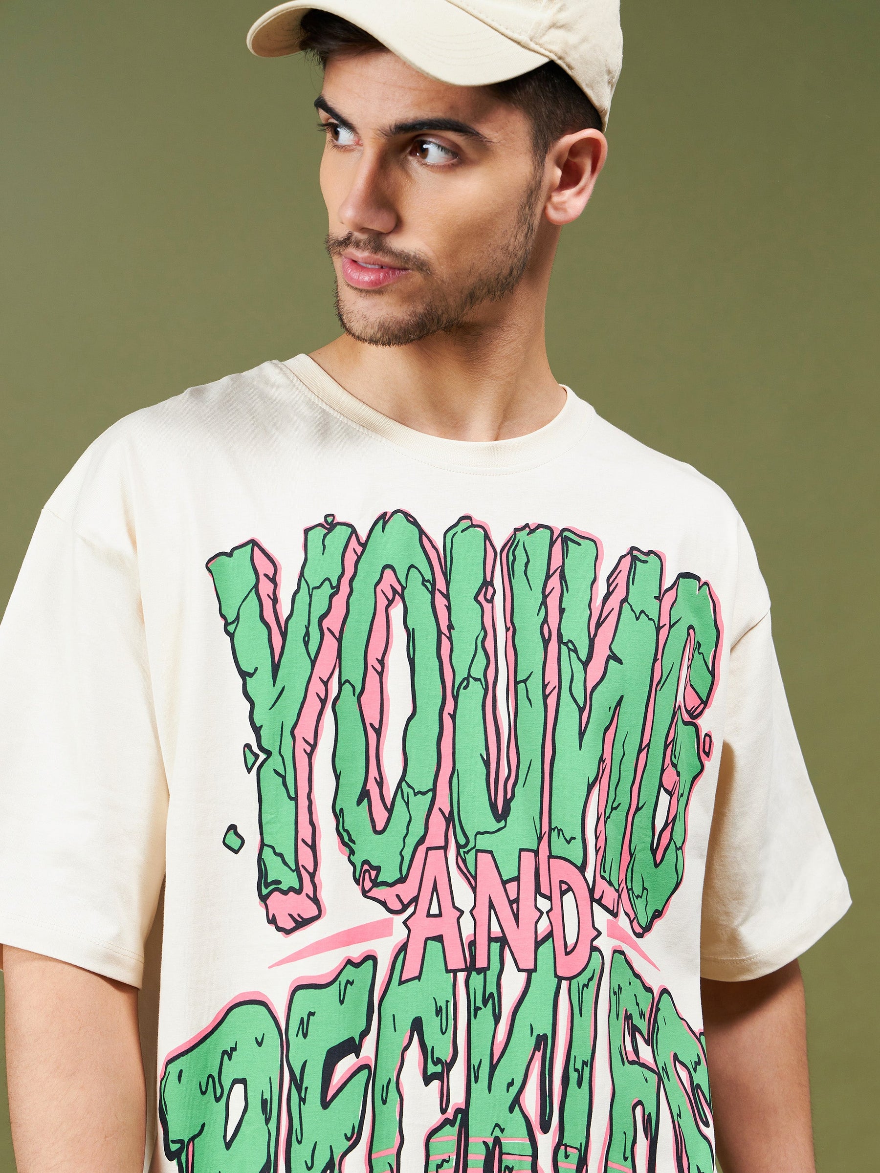 Unisex Beige YOUNG & RECKLESS Oversized T-Shirt-MASCLN SASSAFRAS
