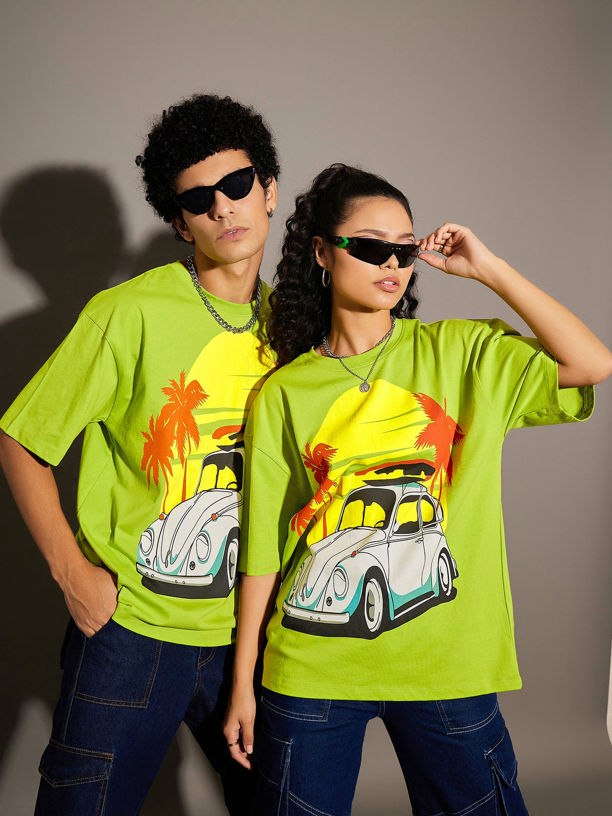 Unisex Green Beetle Car Print Oversized T-Shirt-MASCLN SASSAFRAS