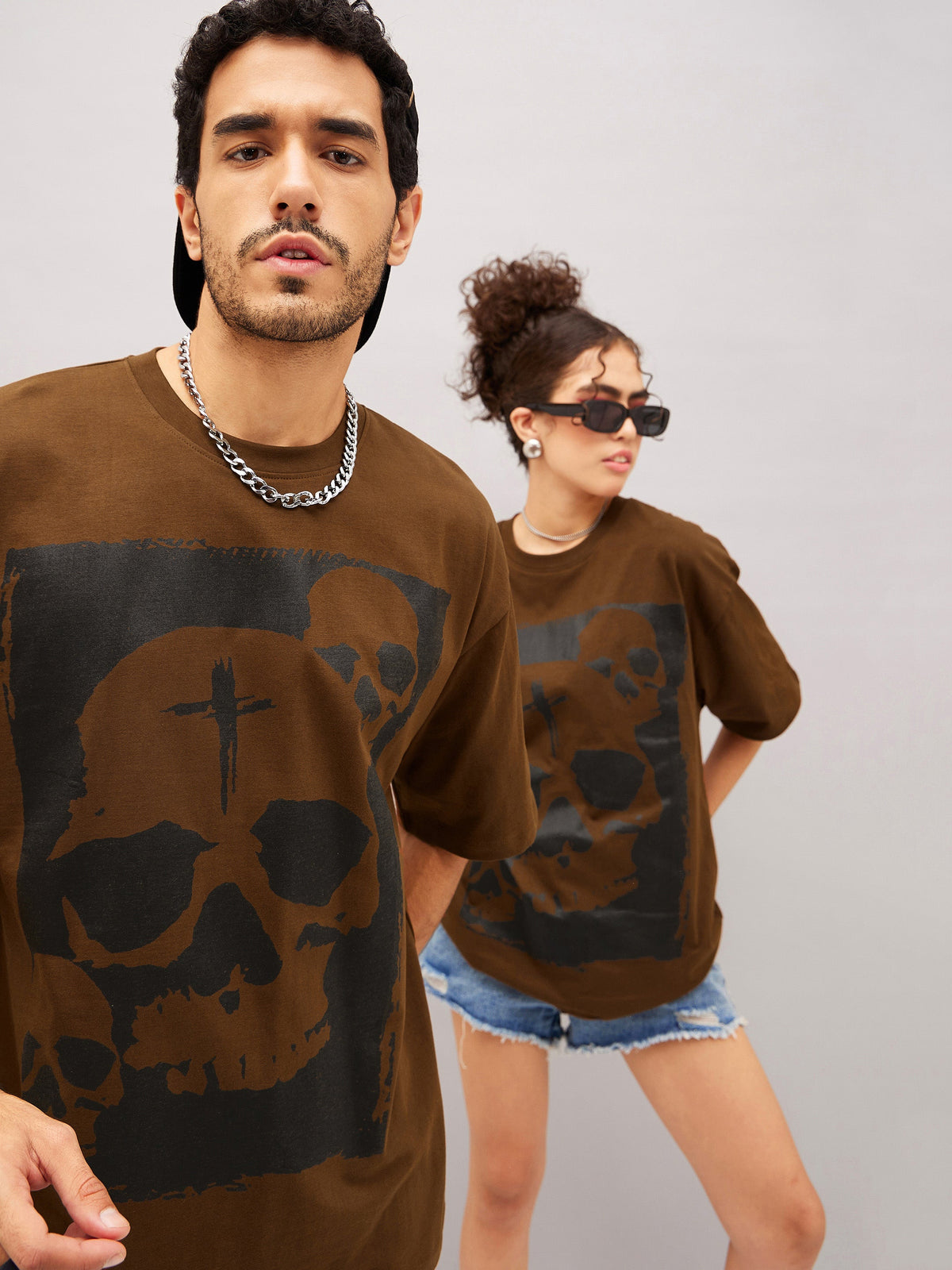 Unisex Brown Skull Oversized T-Shirt-MASCLN SASSAFRAS