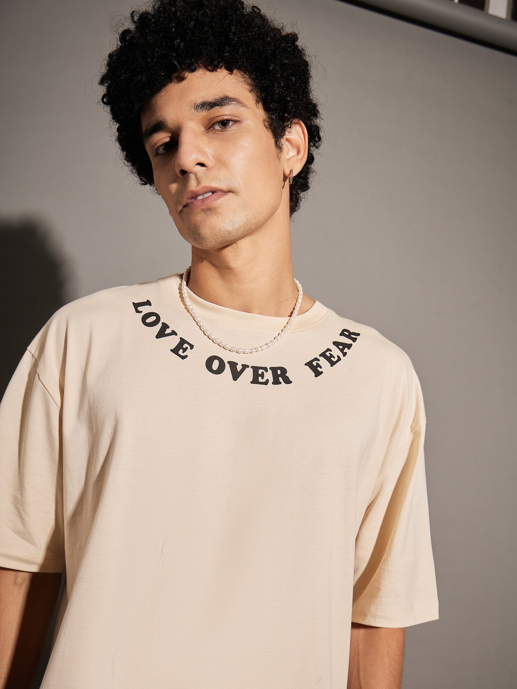 Unisex Beige LOVE OVER FEAR Oversized T-Shirt-MASCLN SASSAFRAS