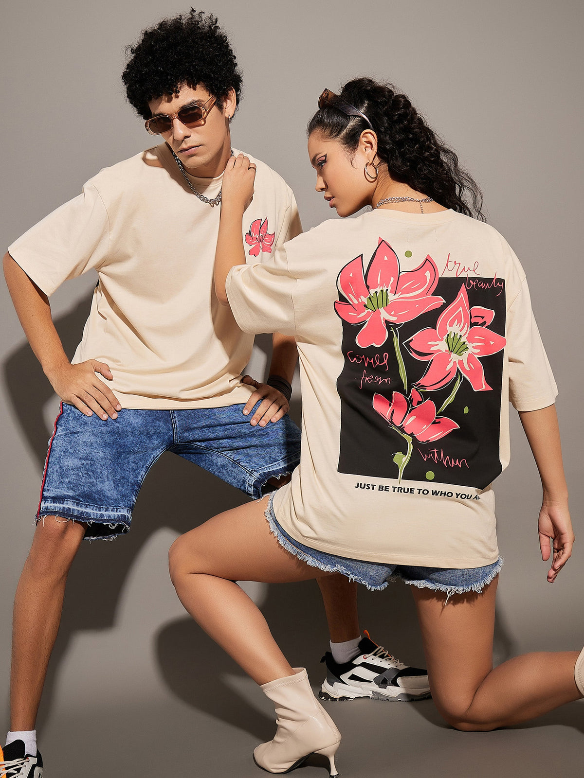 Unisex Beige True Floral Print Oversized T-Shirt-MASCLN SASSAFRAS