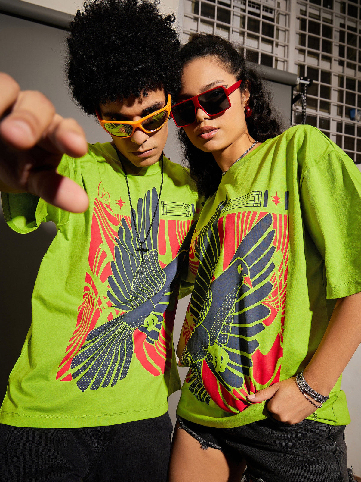 Unisex Green Bird Print Oversized T-Shirt-MASCLN SASSAFRAS
