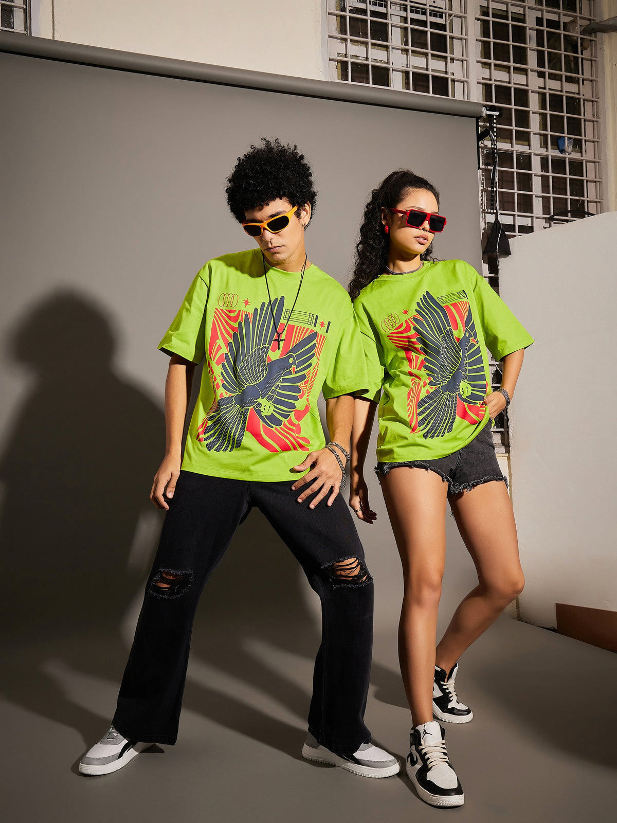 Unisex Green Bird Print Oversized T-Shirt-MASCLN SASSAFRAS