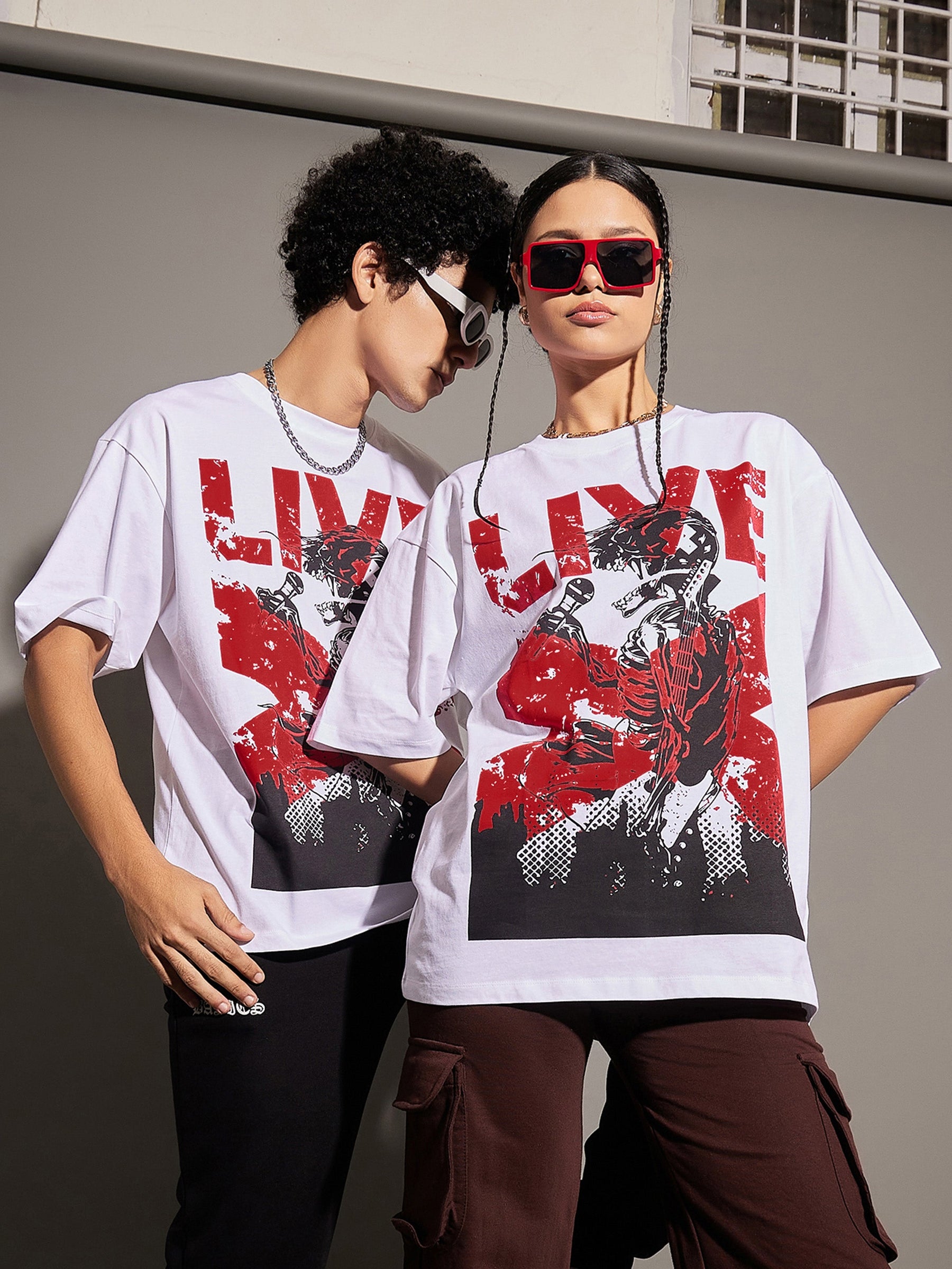 Unisex White LIVE Oversized T-Shirt-MASCLN SASSAFRAS