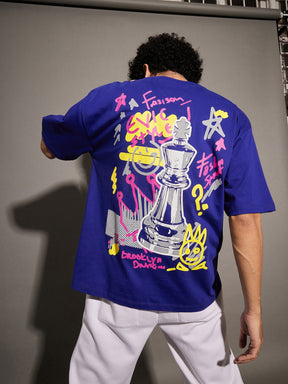 Unisex Blue Chess Print Oversized T-Shirt-MASCLN SASSAFRAS