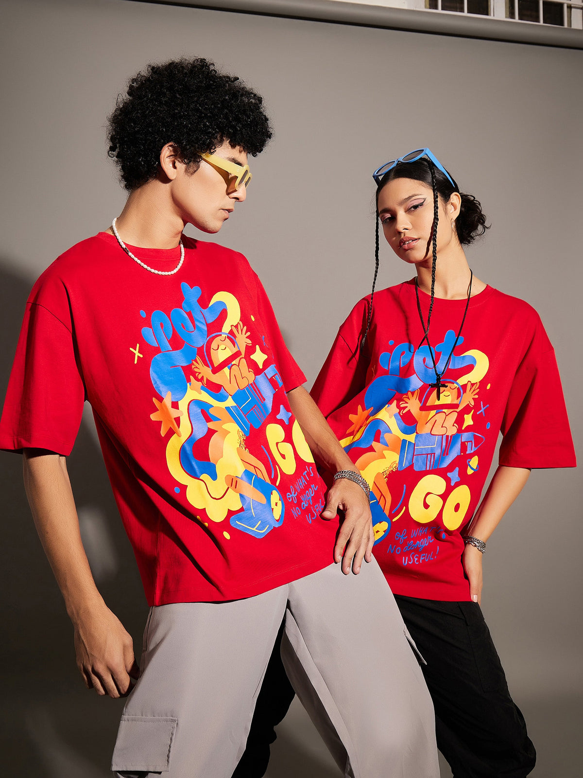 Unisex Red LET'S GO Oversized T-Shirt-MASCLN SASSAFRAS